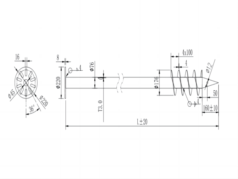 drawing draft of ground screw with 4 blades